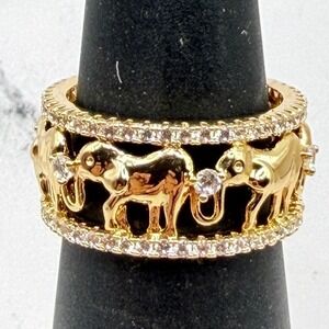 Elephant Eternity Ring Gold Stainless Steel Rhinestone Openwork Band Sz 5